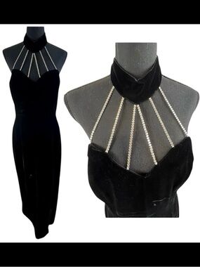 Vtg 90s Black Velvet Halter Gown SZ M USA Rhinestone Gothic Glam Betsy & Adam